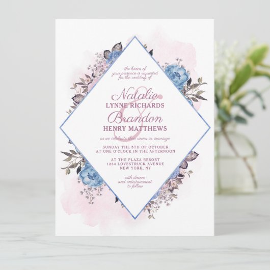 Parijse charme blauw & roze diamant Lijst bruiloft Kaart (Staand voorkant)