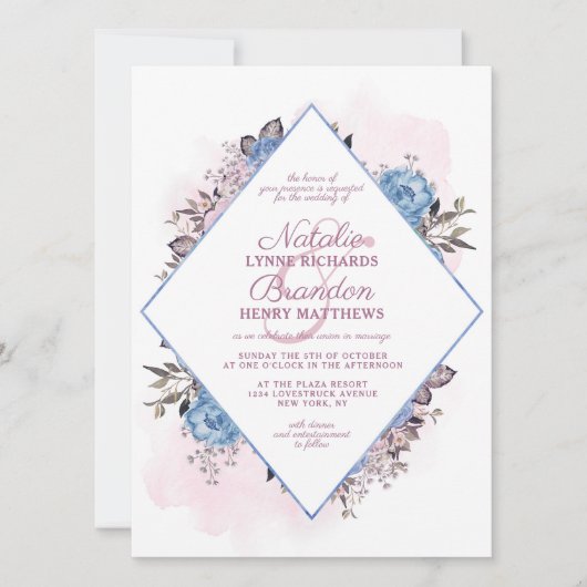 Parijse charme blauw & roze diamant Lijst bruiloft Kaart (Voorkant)