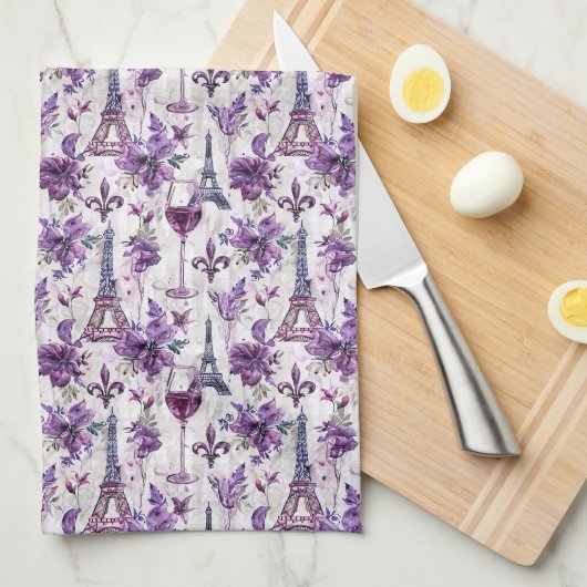 Parijse charme Paarse Eiffeltoren en Floral Theedoek (Quarter Fold)