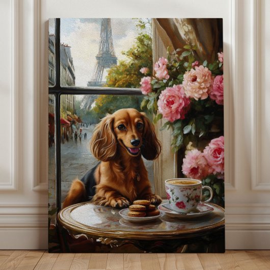 Parijse Dachshund Café, Speelse Honden Kunst Canvas Afdruk