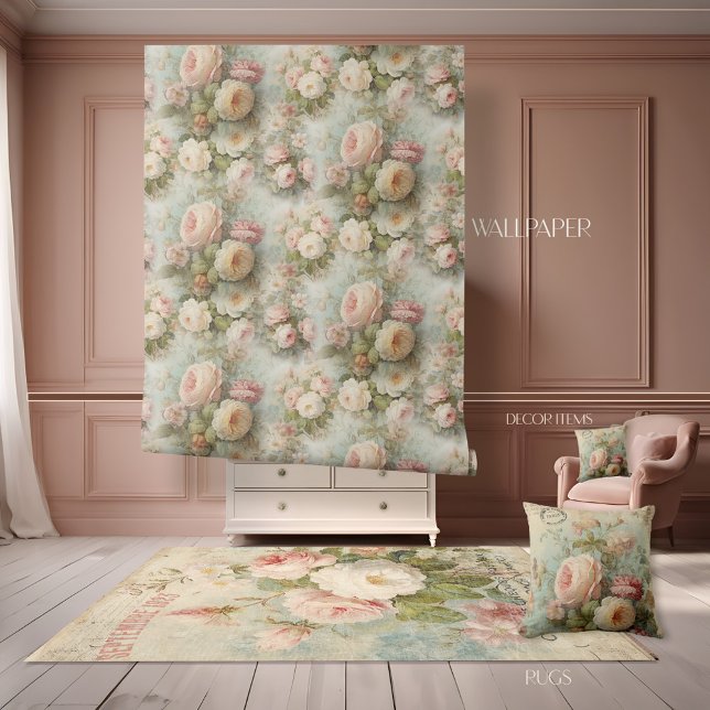 Parijse Franse Bloem  Roze en Blauwe Bloemen Behang (Creator heeft geüpload)