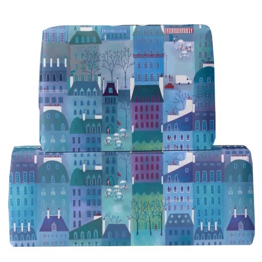 Parijse gebouwen blauwe kunst cadeaupapier