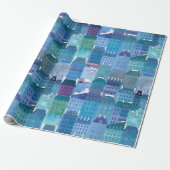 Parijse gebouwen blauwe kunst cadeaupapier (Uitgerold)