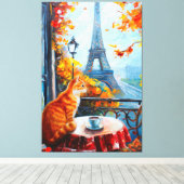 Parijse Herfst | Gemberkat in een Café Canvas Afdruk (Insitu (Houten vloer))