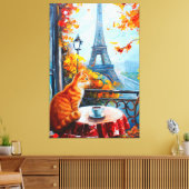 Parijse Herfst | Gemberkat in een Café Canvas Afdruk (Insitu (Woonkamer))