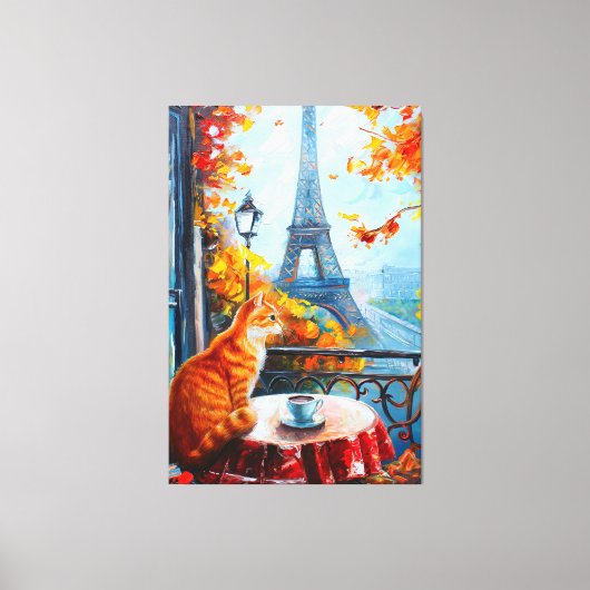Parijse Herfst | Gemberkat in een Café Canvas Afdruk (Voorkant)