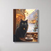Parijse Kerstkat – Whimsical Zwarte Kat Café Canvas Afdruk (Voorkant)