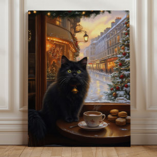 Parijse Kerstkat – Whimsical Zwarte Kat Café Canvas Afdruk