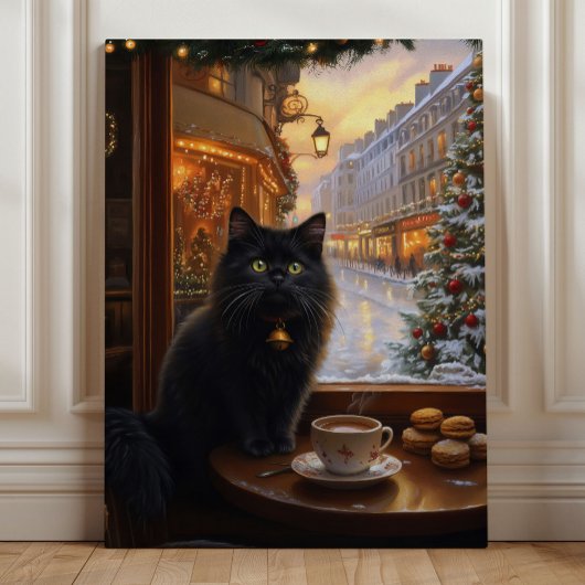 Parijse Kerstkat – Whimsical Zwarte Kat Café Canvas Afdruk