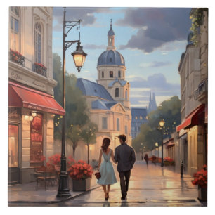 Parijse Liefde: Romantische Koppel Avondwandeling  Tegeltje