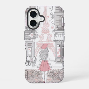 Parijse Meisje – Mooie Eiffeltoren & Caféstraat iPhone 16 Hoesje