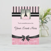 Parijse partij Eiffeltoren roze rozen uitnodiging (Staand voorkant)