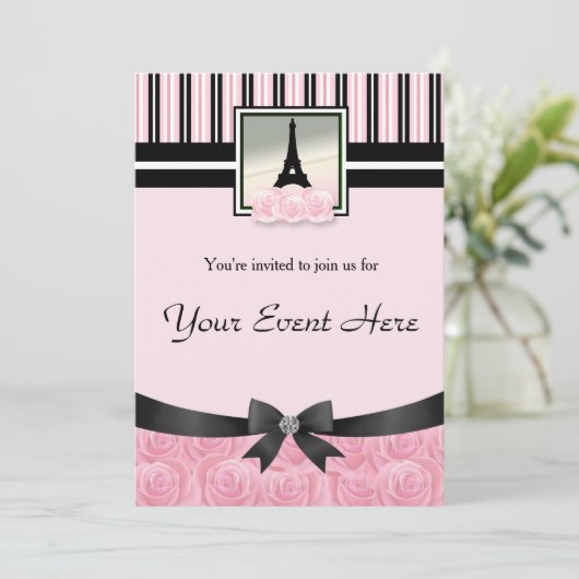 Parijse partij Eiffeltoren roze rozen uitnodiging (Staand voorkant)