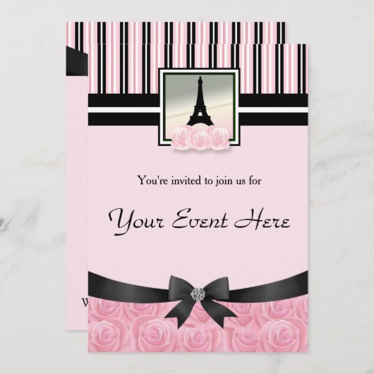 Parijse partij Eiffeltoren roze rozen uitnodiging (Voorkant / Achterkant)