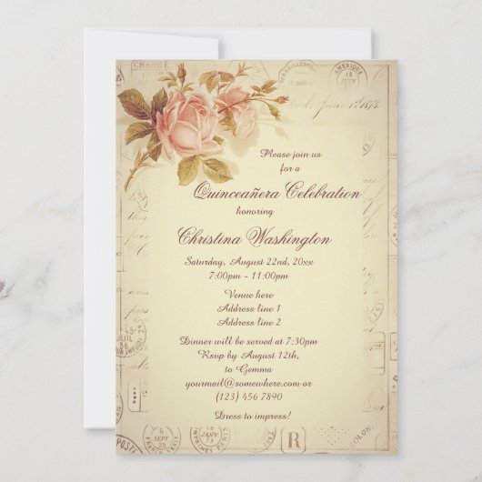 Parijse postmerken chique Rozen Quinceañera Kaart (Achterkant)