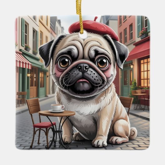 Parijse pug op terras café keramisch ornament (Voorkant)