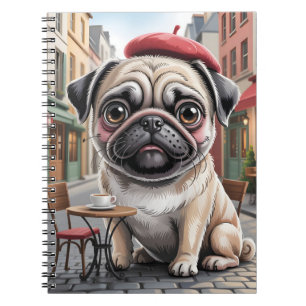 Parijse pug op terras café notitieboek
