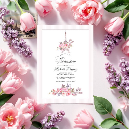 Parijse Roze Bloemen Quinceañera Foto Kaart