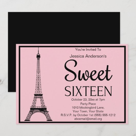 Parijse Roze Zwart Eiffeltoren Zoet Zestien Kaart (Voorkant / Achterkant)