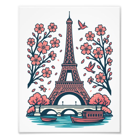 Parijse souvenir Eiffeltoren Paris Cherry Tree Foto Afdruk (Voorkant)