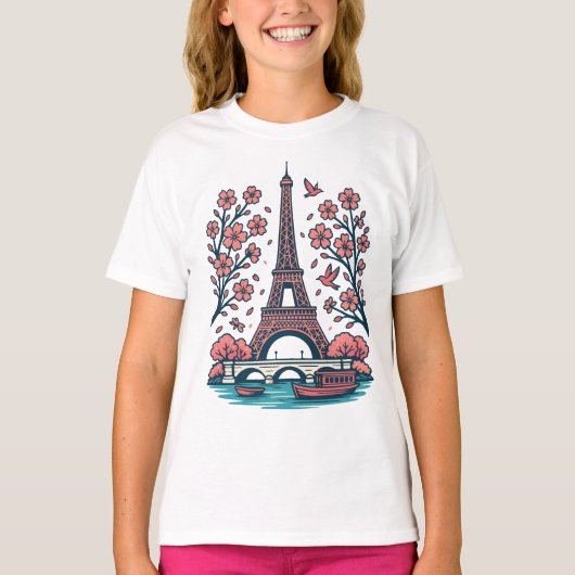 Parijse souvenir Eiffeltoren Paris Cherry Tree T-shirt (Voorkant)