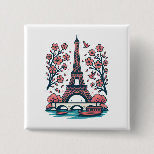Parijse souvenir Eiffeltoren Paris Cherry Tree Vierkante Button 5,1 Cm