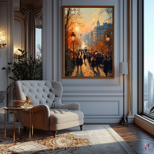 Parijse straat bij zonsondergang in impressionisti poster