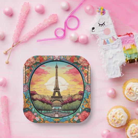 Parijse Sunset Eiffeltoren Parijs Franse Bloemen Papieren Bordje (Feest)
