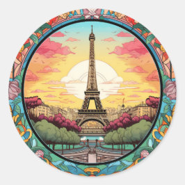 Parijse Sunset Eiffeltoren Parijs Franse Bloemen Ronde Sticker