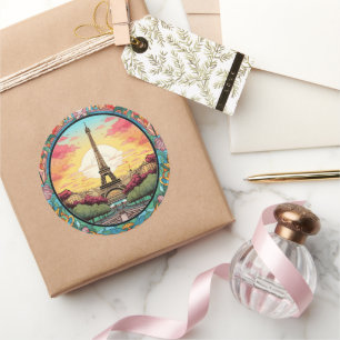 Parijse Sunset Eiffeltoren Parijs Franse Bloemen Ronde Sticker