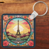 Parijse Sunset Eiffeltoren Parijs Franse Bloemen Sleutelhanger (Achterkant)