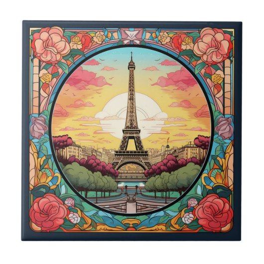 Parijse Sunset Eiffeltoren Parijs Franse Bloemen Tegeltje (Voorkant)