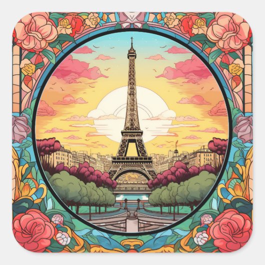 Parijse Sunset Eiffeltoren Parijs Franse Bloemen Vierkante Sticker (Voorkant)