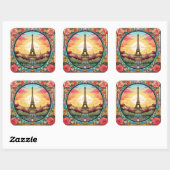 Parijse Sunset Eiffeltoren Parijs Franse Bloemen Vierkante Sticker (Vel)