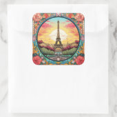 Parijse Sunset Eiffeltoren Parijs Franse Bloemen Vierkante Sticker (Tas)