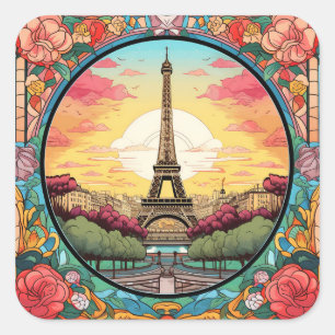 Parijse Sunset Eiffeltoren Parijs Franse Bloemen Vierkante Sticker