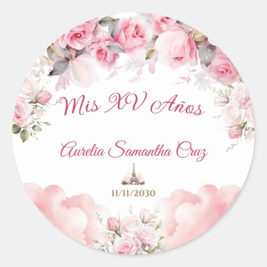 Parijse Thema Roze Quinceañera Sticker Bloemen (Voorkant)
