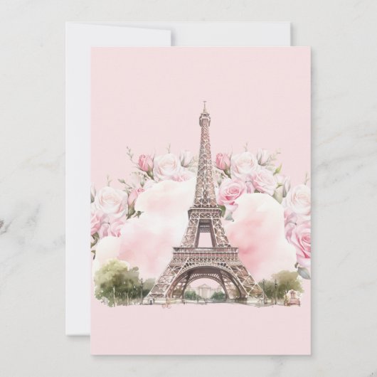 Parijse Thema Roze Quinceañera Uitnodiging Bloemen (Achterkant)