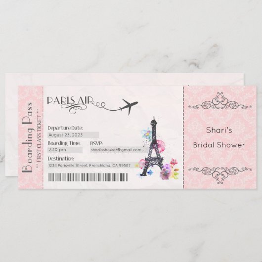 Parijse uitnodiging, Parijse Bruidsjurk Shower, Ba Kaart (Voorkant / Achterkant)