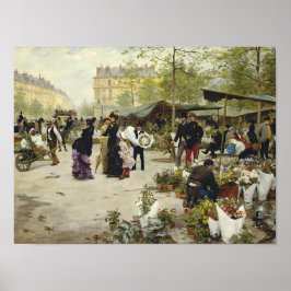 Parijse Vintage Bloemenmarkt Schilderij (Oude Kuns Poster