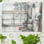 Paris Apartment Kitchen Watercolor with Rooftop Vi Theedoek (Gevouwen)