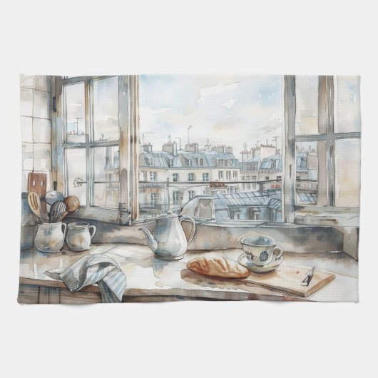 Paris Apartment Kitchen Watercolor with Rooftop Vi Theedoek (Horizontaal)
