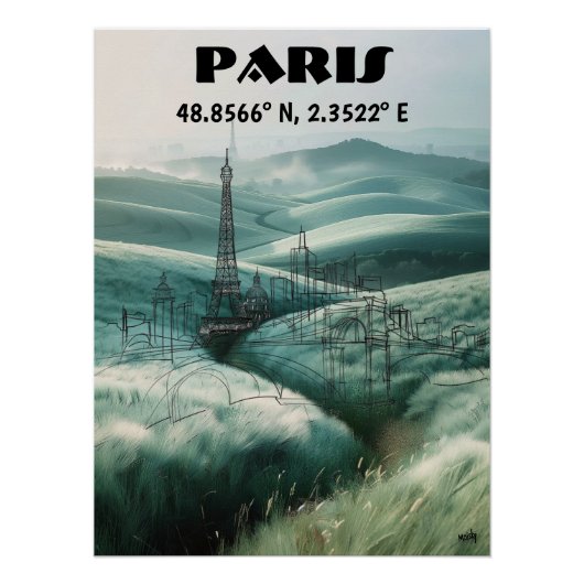 París: Arte de línea con Coordenadas. Perfect Poster (Voorkant)