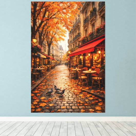 Paris Autumn Café Street – Warm Fall Canvas Art Afdruk (Insitu (Houten vloer))