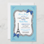 Paris Baby shower Boy Blue Eiffel Tower Invite Kaart (Voorkant)