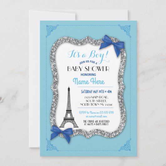 Paris Baby shower Boy Blue Eiffel Tower Invite Kaart (Voorkant)