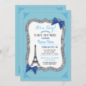 Paris Baby shower Boy Blue Eiffel Tower Invite Kaart (Voorkant / Achterkant)