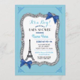 Paris Baby shower Boy Blue Eiffel Tower Invite Kaart