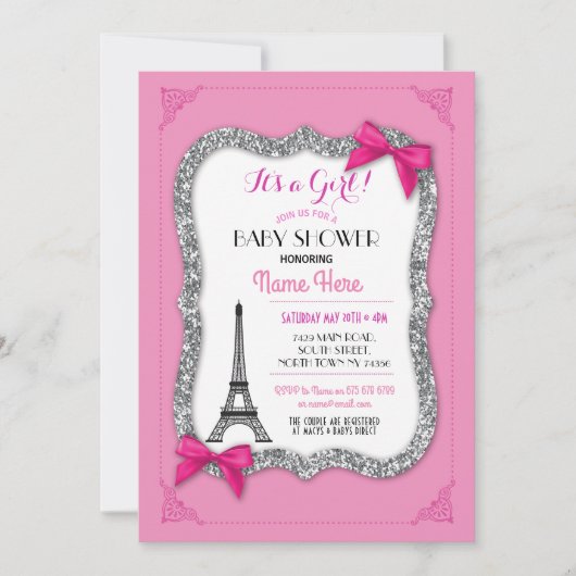 Paris Baby shower Girl Pink Eiffel Tower Invite Kaart (Voorkant)