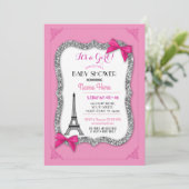 Paris Baby shower Girl Pink Eiffel Tower Invite Kaart (Staand voorkant)